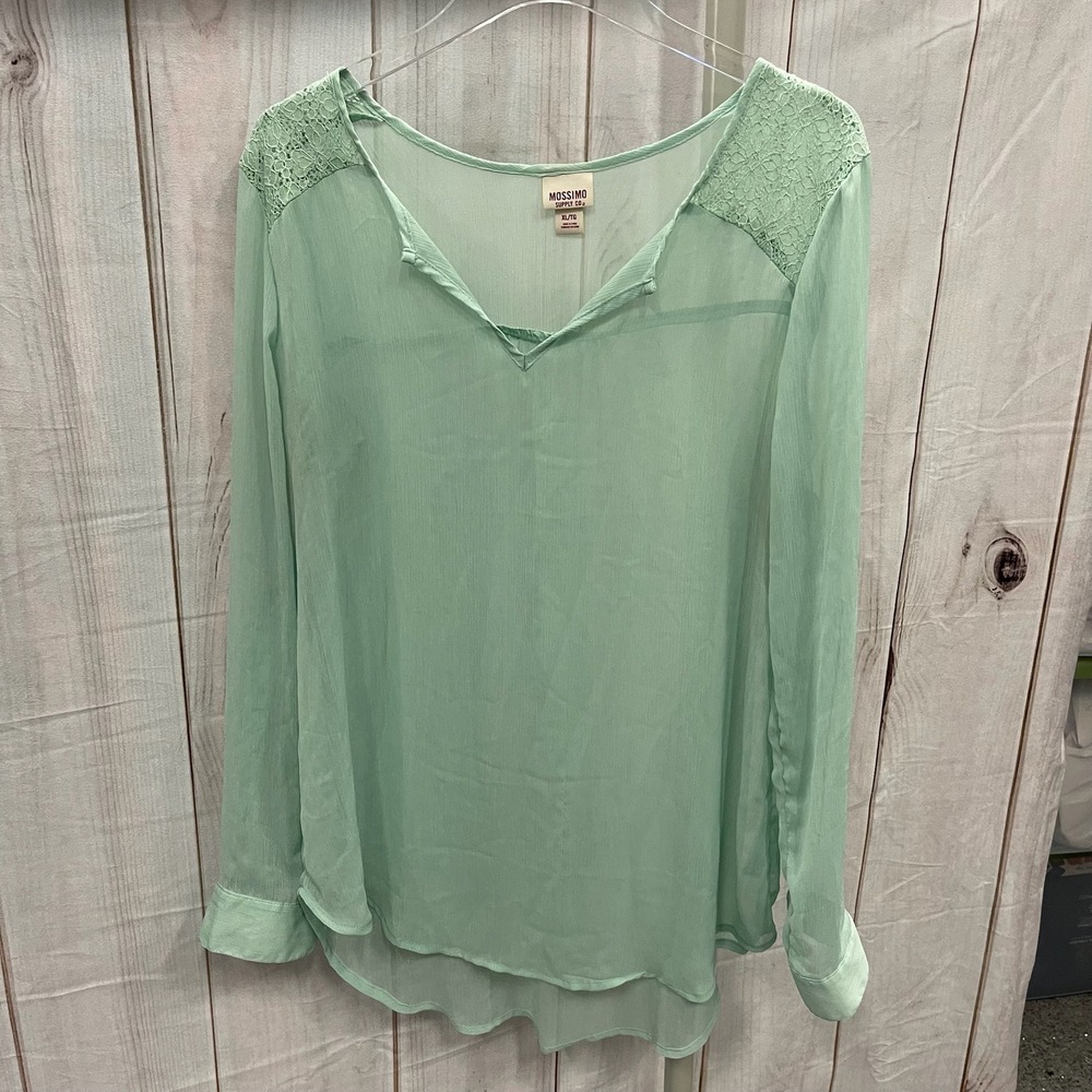 Mossimo Mint Green Lace Shoulder Roll Tab Sleeve Sheer Blouse XL